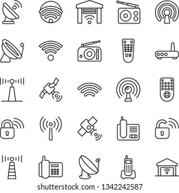 Thin Line Icon Set - antenna vector, satellite, office phone, radio, remote control, wireless, lock, router, garage gate
