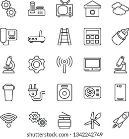 Thin Line Icon Set - antenna vector, clouds, ladder, microscope, tv, speaker, rca, phone back, settings, calculator, wireless, office, copier, air conditioner, smart home, power plug, router, gear