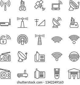 Thin Line Icon Set - antenna vector, satellite, wireless notebook, office phone, radio, remote control, cellular signal, lock, router, garage gate