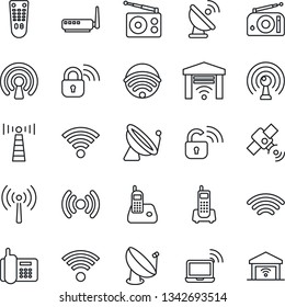 Thin Line Icon Set - antenna vector, satellite, wireless notebook, office phone, radio, remote control, lock, router, garage gate