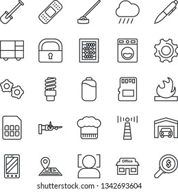 Thin Line Icon Set - antenna vector, boarding, mobile phone, gear, abacus, pen, shovel, rain, hoe, patch, navigation, store, consolidated cargo, flammable, settings, sd, sim, lock, face id, battery