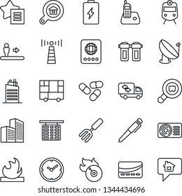 Thin Line Icon Set - antenna vector, train, escalator, passport, flight table, garden fork, pills, consolidated cargo, flammable, search, satellite, flame disk, radio phone, favorites list, clock