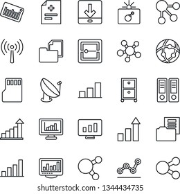 Thin Line Icon Set - antenna vector, bomb in case, growth statistic, office binder, monitor, diagnosis, folder document, barcode, satellite, share, scanner, sd, network, download, statistics, point