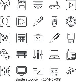 Thin Line Icon Set - antenna vector, camera, calculator, pen, notebook pc, bench, clock, remote control, touch screen, monitor, radio phone, play button, fast forward, mobile, tuning, sd, face id