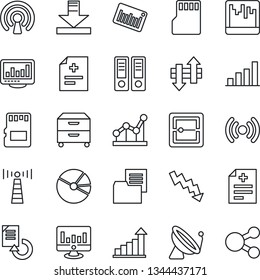 Thin Line Icon Set - antenna vector, satellite, growth statistic, office binder, crisis graph, monitor, document reload, diagnosis, folder, barcode, scanner, sd, data exchange, download, statistics
