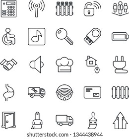 Thin Line Icon Set - antenna vector, disabled, stomach, car delivery, speaker, mail, themes, music, battery, handshake, company, key, moving, wireless, cook hat, home control, power plug, lock, door