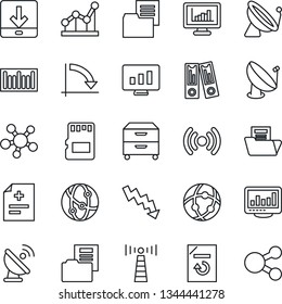 Thin Line Icon Set - antenna vector, satellite, office binder, crisis graph, statistic monitor, document reload, diagnosis, folder, barcode, network, share, sd, download, statistics, point, wireless