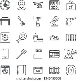 Thin Line Icon Set - antenna vector, bomb in case, washer, helicopter, notepad, circle chart, farm fork, ripper, heart diagnostic, term, sea port, microphone, cell phone, mobile camera, stopwatch