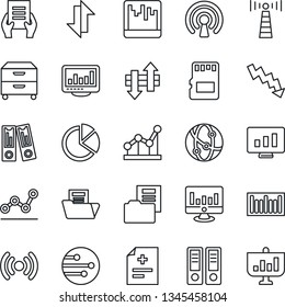 Thin Line Icon Set - antenna vector, office binder, crisis graph, document, statistic monitor, diagnosis, barcode, network, scanner, sd, data exchange, statistics, pie, folder, point, archive box