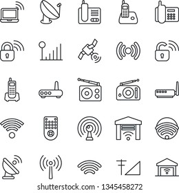 Thin Line Icon Set - antenna vector, wireless notebook, office phone, satellite, radio, remote control, cellular signal, lock, router, garage gate