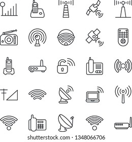 Thin Line Icon Set - antenna vector, wireless notebook, office phone, satellite, radio, remote control, cellular signal, lock, router