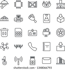 Thin Line Icon Set - antenna vector, identity, greenhouse, picnic table, pills bottle, container, package, video camera, share, call, sim, copybook, company, card, printer, mail, fireplace, waiter