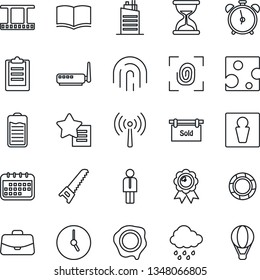 Thin Line Icon Set - antenna vector, alarm clock, male, manager, book, case, medal, stamp, saw, rain, film frame, favorites list, battery, fingerprint id, clipboard, sold signboard, city house, sand