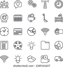 Thin Line Icon Set - antenna vector, clouds, pedestal, document, calendar, circle chart, mobile tracking, clock, term, reel, video camera, folder, wireless, pie graph, children room, ladle, web, car