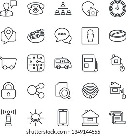 Thin Line Icon Set - antenna vector, male, mobile phone, speaking man, pills, ambulance car, tracking, clock, route, dialog, news, document search, hierarchy, house, lock, wireless, home control