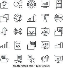 Thin Line Icon Set - antenna vector, bomb in case, growth statistic, document, monitor, reload, folder, network, data exchange, download, bar graph, archive box, wireless, social media, presentation