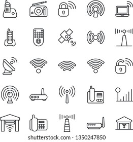 Thin Line Icon Set - antenna vector, wireless notebook, office phone, satellite, radio, remote control, cellular signal, lock, router, garage gate