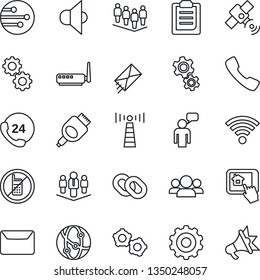 Thin Line Icon Set - antenna vector, no mobile, speaking man, gear, team, 24 hours, satellite, speaker, network, chain, hdmi, call, wireless, clipboard, mail, company, router, home control app