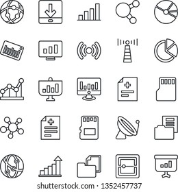 Thin Line Icon Set - antenna vector, satellite, growth statistic, monitor, diagnosis, folder document, barcode, network, share, scanner, sd, download, bar graph, pie, point, wireless, presentation