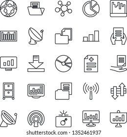 Thin Line Icon Set - antenna vector, satellite, bomb in case, document, statistic monitor, diagnosis, folder, barcode, share, scanner, network, data exchange, download, statistics, bar graph, pie