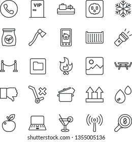Thin Line Icon Set - antenna vector, fence, baggage conveyor, phone, notebook pc, fire, axe, picnic table, fertilizer, cargo container, up side sign, no trolley, finger down, gallery, folder, torch