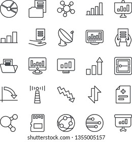 Thin Line Icon Set - antenna vector, growth statistic, crisis graph, document, monitor, diagnosis, satellite, network, share, scanner, sd, data exchange, statistics, bar, pie, folder, presentation