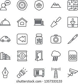 Thin Line Icon Set - antenna vector, storm cloud, safe, stamp, trowel, pills bottle, scalpel, car delivery, oil barrel, camera, speaker, rewind, sim, download, torch, ink pen, house, mountains, dish