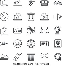 Thin Line Icon Set - antenna vector, satellite, fence, suitcase, departure, baggage conveyor, trolley, airport bus, 24 around, escalator, phone, no mobile, trash bin, ticket, bomb in case, reception