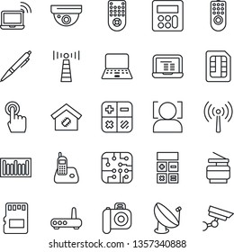 Thin Line Icon Set - antenna vector, wireless notebook, calculator, pc, barcode, satellite, camera, remote control, touch screen, radio phone, sd, sim, face id, copier, pen, smart home, chip, router
