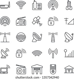 Thin Line Icon Set - antenna vector, satellite, wireless notebook, office phone, radio, remote control, cellular signal, lock, router, garage gate