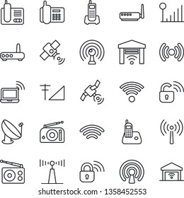 Thin Line Icon Set - antenna vector, wireless notebook, office phone, satellite, radio, cellular signal, lock, router, garage gate control