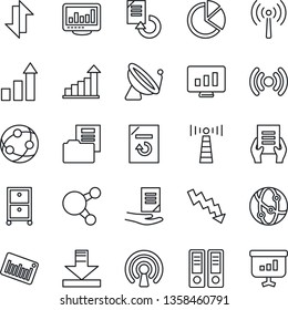 Thin Line Icon Set - antenna vector, satellite, growth statistic, office binder, crisis graph, document, monitor, reload, barcode, network, share, data exchange, download, statistics, pie, folder