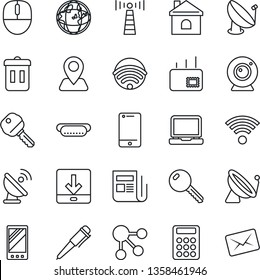 Thin Line Icon Set - antenna vector, satellite, mouse, pen, house, navigation, news, cell phone, laptop pc, mobile, download, calculator, mail, key, wireless, hot dog, web camera, trash bin, earth