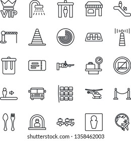 Thin Line Icon Set - antenna vector, fence, taxi, airport bus, barrier, spoon and fork, security gate, escalator, no laptop, trash bin, male, vip, ticket, reception, shop, shower, baggage larry