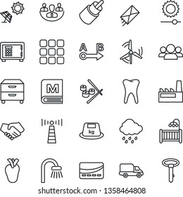 Thin Line Icon Set - antenna vector, safe, rain, real heart, tooth, car delivery, heavy, route, rca, menu, brightness, company, archive box, windmill, children room, bathroom, factory, credit card