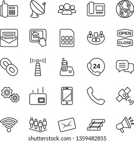 Thin Line Icon Set - antenna vector, team, office phone, 24 hours, satellite, network, cell, dialog, radio, chain, call, mail, sim, wireless, company, paper tray, open close, intercome, group, gear