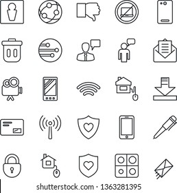 Thin Line Icon Set - antenna vector, no laptop, male, lock, mobile phone, speaking man, pen, heart shield, video camera, network, finger down, mail, back, download, wireless, application, trash bin