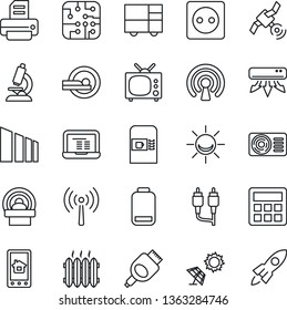 Thin Line Icon Set - antenna vector, coffee machine, notebook pc, printer, microscope, tomography, consolidated cargo, sorting, satellite, low battery, rca, hdmi, calculator, heater, air conditioner