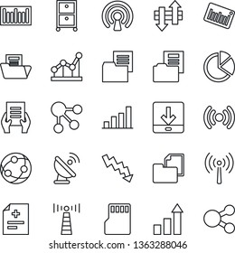 Thin Line Icon Set - antenna vector, growth statistic, crisis graph, document, diagnosis, folder, barcode, satellite, network, sd, data exchange, download, bar, pie, point, archive box, wireless