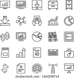 Thin Line Icon Set - antenna vector, bomb in case, growth statistic, office binder, document, monitor, reload, diagnosis, barcode, share, scanner, sd, data exchange, download, statistics, pie graph