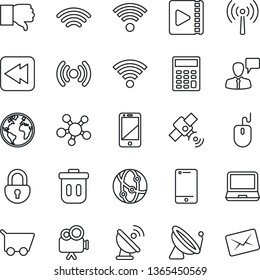 Thin Line Icon Set - antenna vector, satellite, speaking man, mouse, earth, video camera, network, cell phone, laptop pc, share, finger down, rewind, wireless, lock, calculator, trash bin, cart