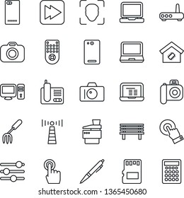 Thin Line Icon Set - antenna vector, camera, notebook pc, garden fork, bench, remote control, touch screen, laptop, radio phone, fast forward, back, tuning, sd, face id, copier, pen, smart home