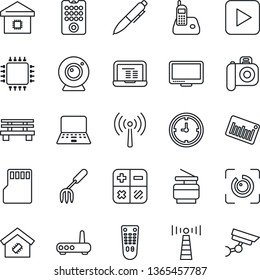 Thin Line Icon Set - antenna vector, calculator, pen, notebook pc, garden fork, bench, clock, barcode, camera, remote control, monitor, radio phone, play button, sd, eye id, copier, smart home, chip