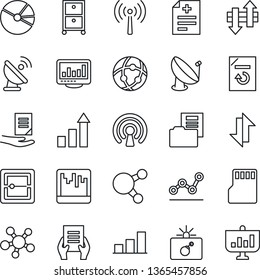 Thin Line Icon Set - antenna vector, bomb in case, growth statistic, document, reload, diagnosis, satellite, share, scanner, sd, network, data exchange, monitor statistics, bar graph, pie, folder