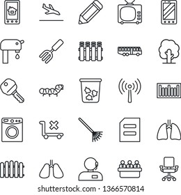 Thin Line Icon Set - antenna vector, arrival, airport bus, trash bin, mobile phone, document, meeting, pencil, garden fork, fence, rake, tree, caterpillar, lungs, no trolley, barcode, tv, support