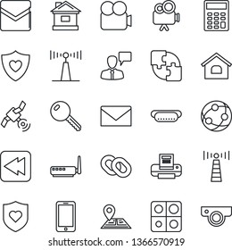 Thin Line Icon Set - antenna vector, mobile phone, speaking man, mail, house, heart shield, navigation, satellite, video camera, network, chain, rewind, application, calculator, printer, key, router