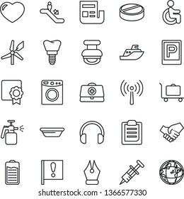 Thin Line Icon Set - antenna vector, baggage trolley, parking, escalator, garden sprayer, doctor case, syringe, pills, disabled, implant, important flag, sea shipping, headphones, heart, battery