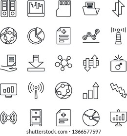 Thin Line Icon Set - antenna vector, bomb in case, growth statistic, office binder, crisis graph, document, monitor, diagnosis, network, share, scanner, sd, data exchange, download, pie, folder