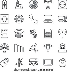 Thin Line Icon Set - antenna vector, radar, 24 hours, support, sorting, satellite, tv, laptop pc, radio phone, rca, call, record, sd, sim, wireless, charge, socket, air conditioner, gear, windmill