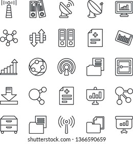 Thin Line Icon Set - antenna vector, growth statistic, office binder, diagnosis, folder document, barcode, satellite, network, share, scanner, data exchange, download, monitor statistics, wireless